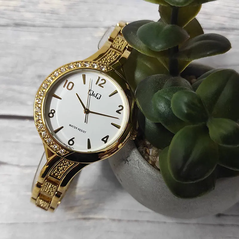Q&Q White Dial Gold-tone Stone Ladies Watch- F01A-001PY